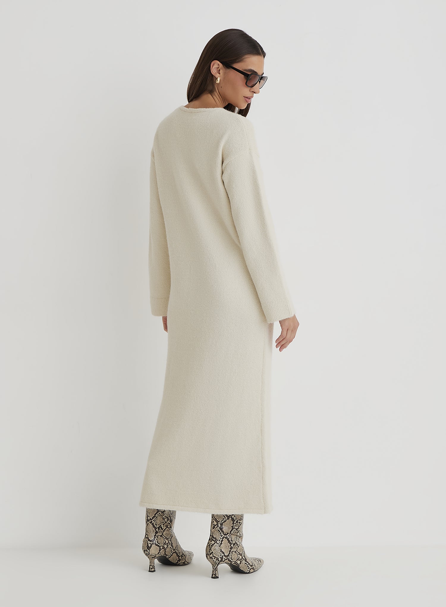 Cream V Neck Knitted Maxi Dress